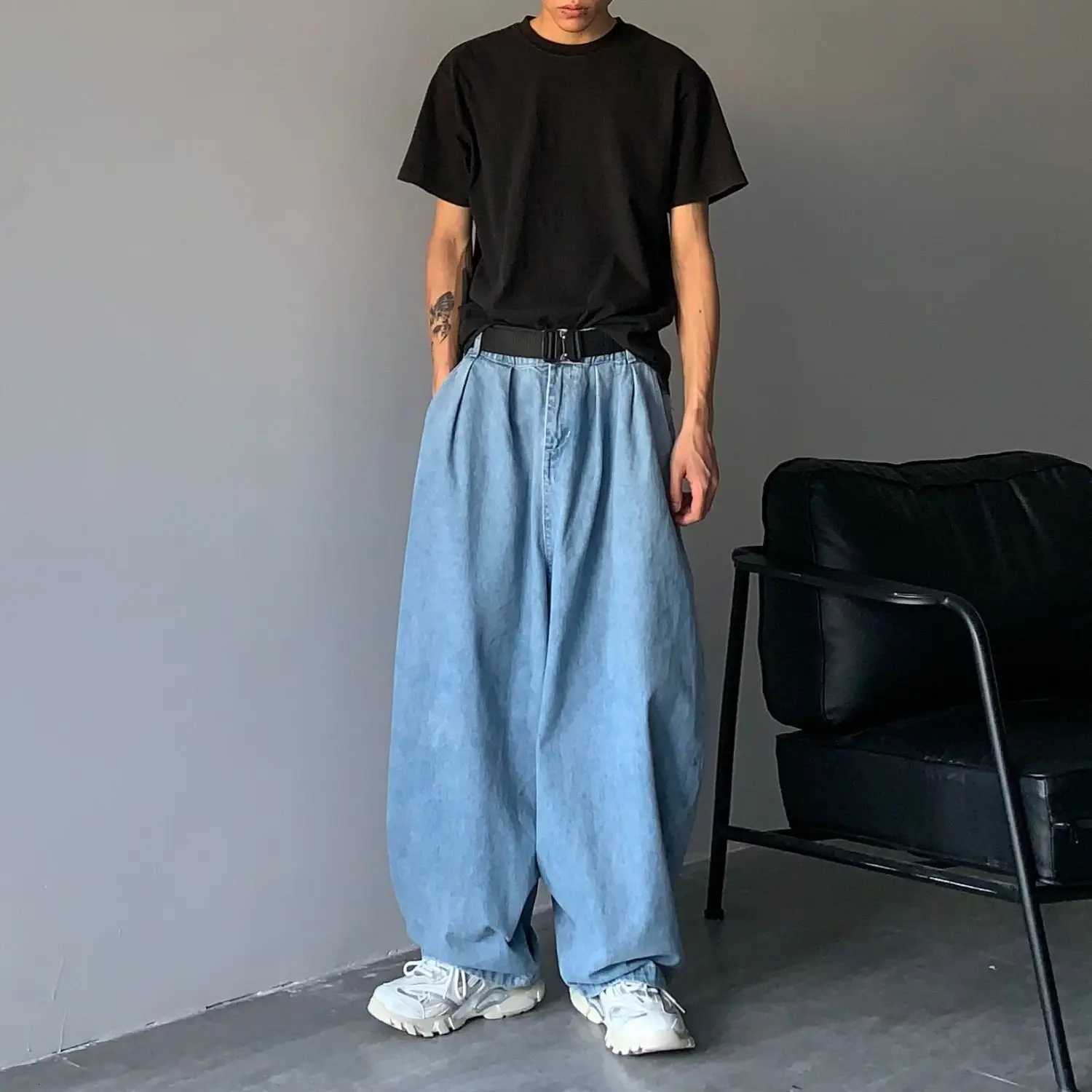 Men's Loose Wide Leg Solid Color Jeans Casual Pants RETRO Spring Bottom Vintage Cool Sweatpants Male High Waist Trousers D260927 c8