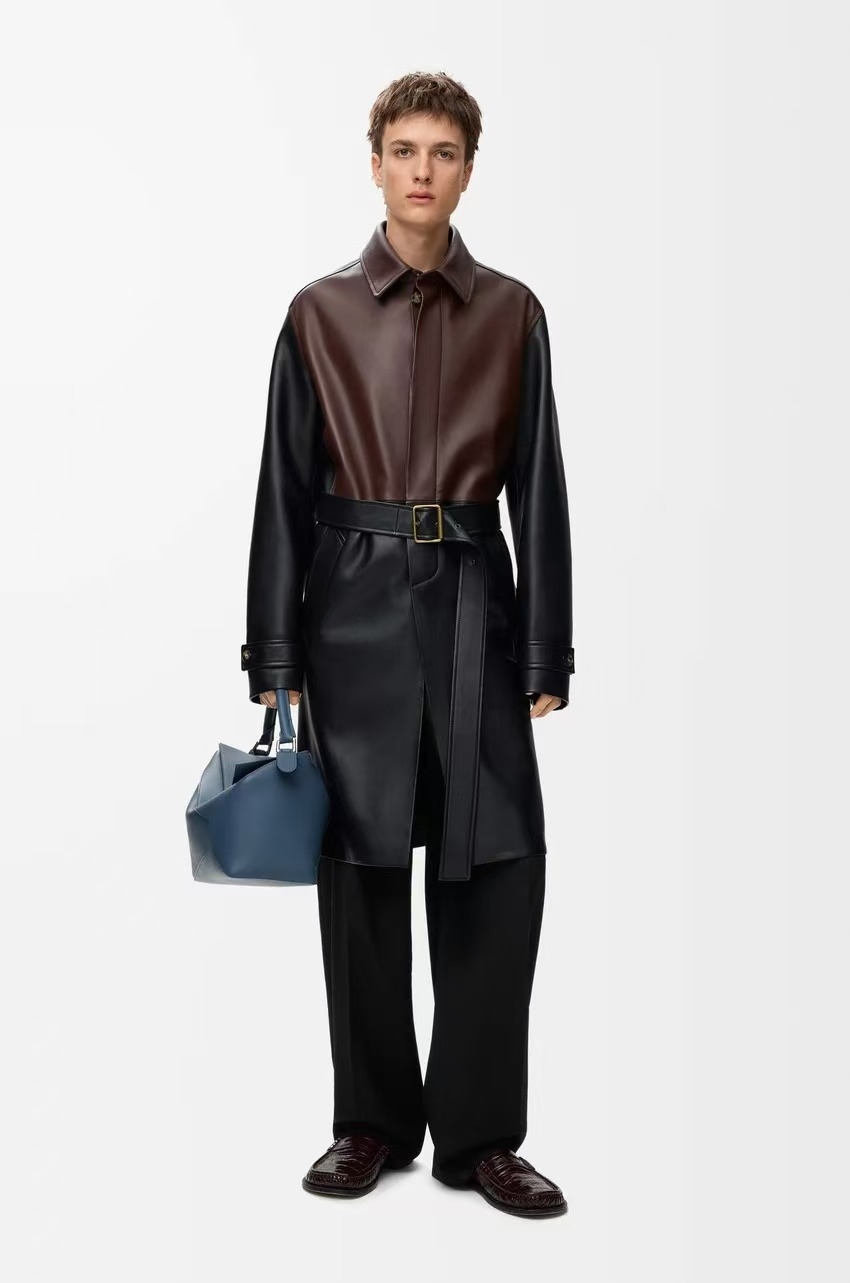 2026 Fall Designer Men Mid Length Patchwork Lambskin Leather Trench Coat Belted Lapel Collar Genuine Leather Overcoat For Autumn Winter