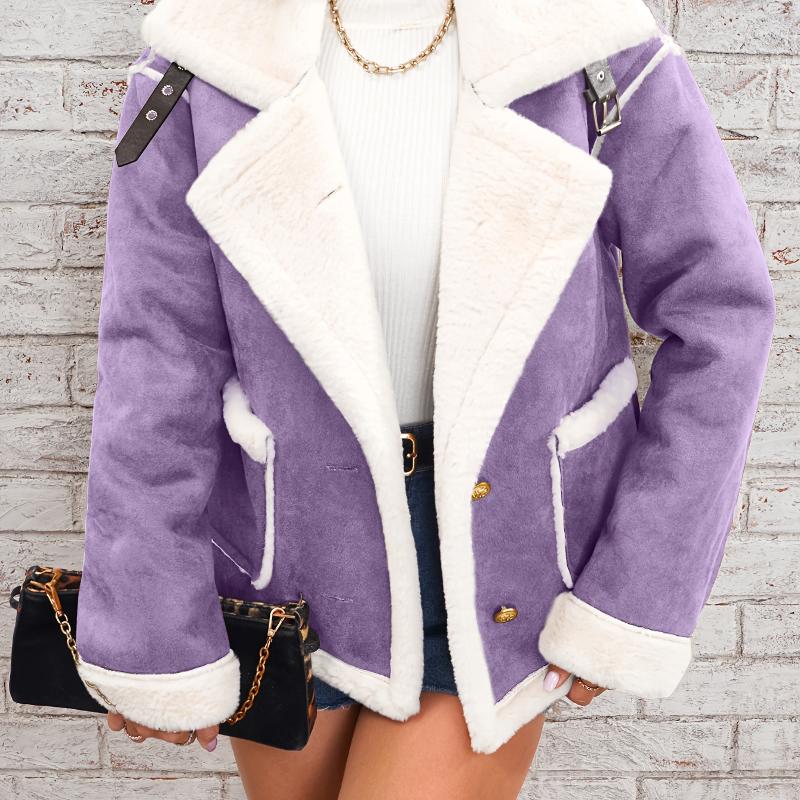 Manteau épais décontracté pour femmes, garniture Sherpa Style motard, vêtements d'extérieur, revers à large encoche, manches longues, doublure co