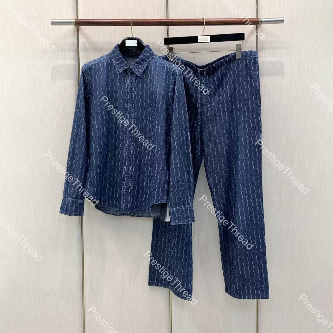 Designer Men's Tracksuits High-Quality All-Over Jacquard Wide-Leg Jeans Denim Shirt