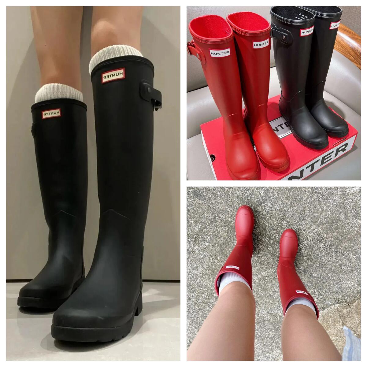 Hunters Womens Mens Designer Rain boots Luxury Wellies High quality Anti Slip Rubber Wellington Boots Black Shoes Cool Rainboots Red Martin Knight B