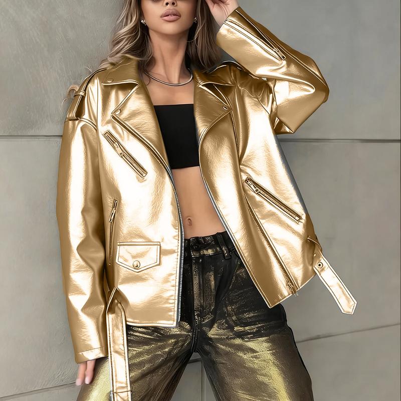 Veste de motard ample en simili cuir pour femme, manches longues, revers rabattu, bretelles, détails, fermeture éclair sur le devant et sur les m