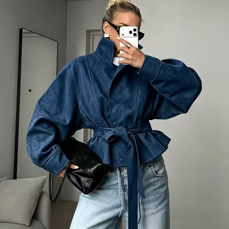 Women High Collar Belted Suede Texture Coat Long Sleeve Drop Shoulder Design Button Placket Flared Peplum Hem Fashion Jacket
