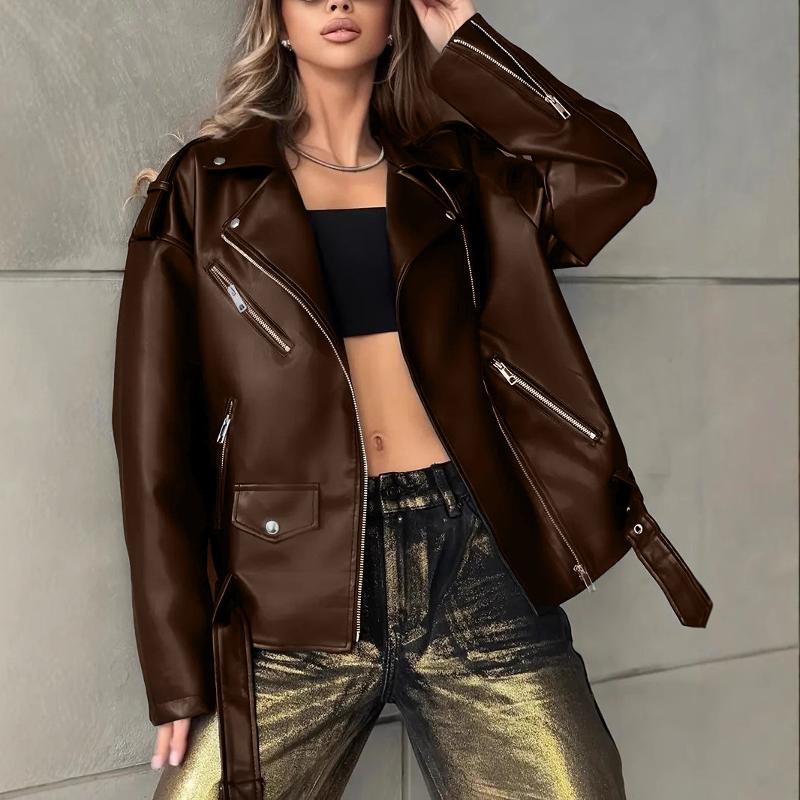 Veste de motard en Faux cuir pour femmes, surdimensionnée, manches longues, fermeture éclair asymétrique, poche à rabat, fentes zippées sur les p