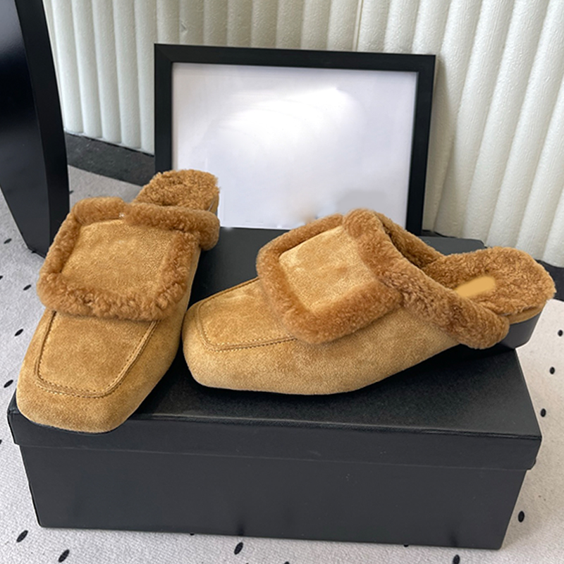Luxury Female Plush Edge Binding Ankle Boots Exquisite Square Head Soft Suede Mule No Heel Slippers Autumn Winter Indoor Warm Slippers