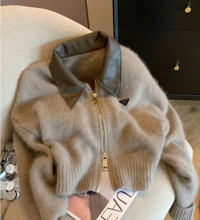 Pulls de créateurs pour femmes Col en cuir épissé Pull en tricot Mode Double Zipper Cardigan Manteau Doux Vintage Manches Longues Lettre Imprimer