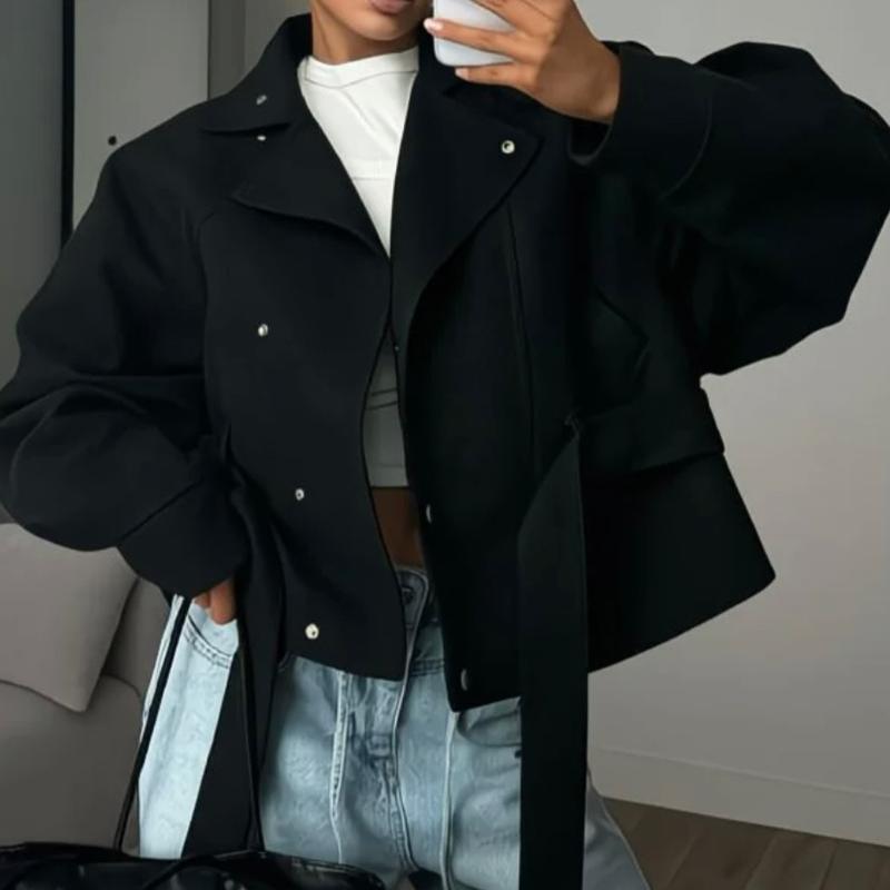 Veste en daim pour femmes, taille ceinturée, manches longues, col haut, décor de boutons en métal, ourlet péplum, Silhouette décontractée, mantea
