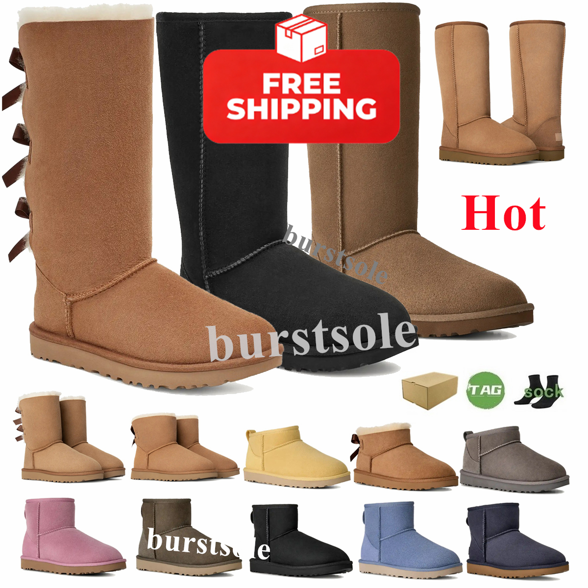 Designer Classic Ultra Mini Tall Short II Boots bows shoes Classic Snow Boot Women Mens Fur Sheepskin Chestnut Sand Mustard Seed dusted cocoa moonli