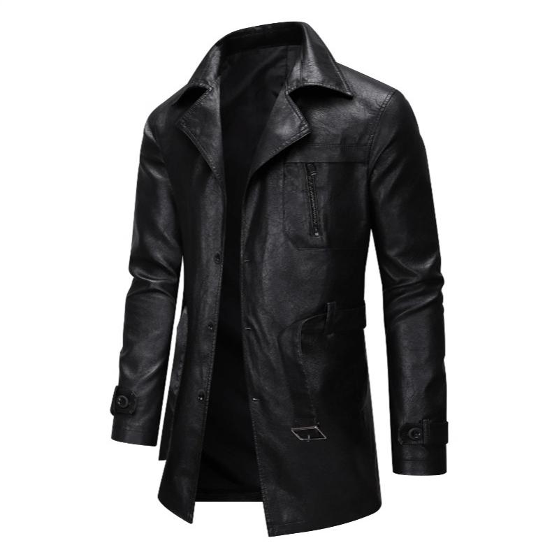 Veste en simili cuir mi-longue à manches longues pour hommes Col à revers Patte de boutonnage Poche zippée sur la poitrine Boucle Détails sur les