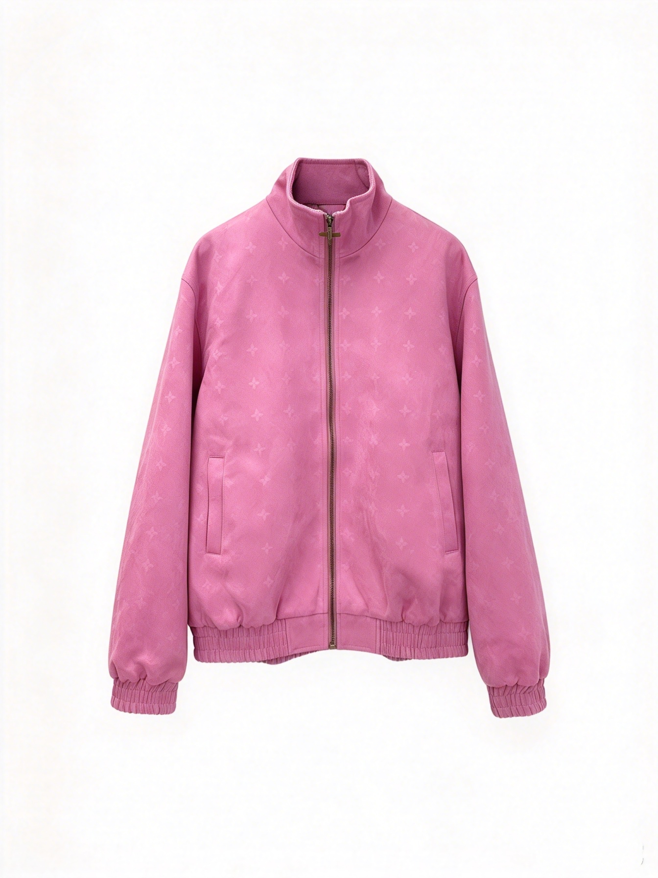 2026 Mens Jacket Designer Luxury Suede Stand Collar Zip Pink Jacket Men All Over Embossed Monogram Pattern Warm Bomber Coat Elastic Cuff Hem Casual