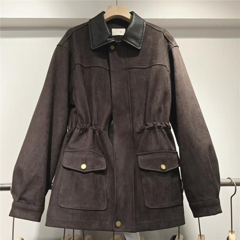 Manteau utilitaire ample en daim pour femme, manches longues, col à revers en simili cuir, boutons métalliques sur le devant, cordon de serrage à