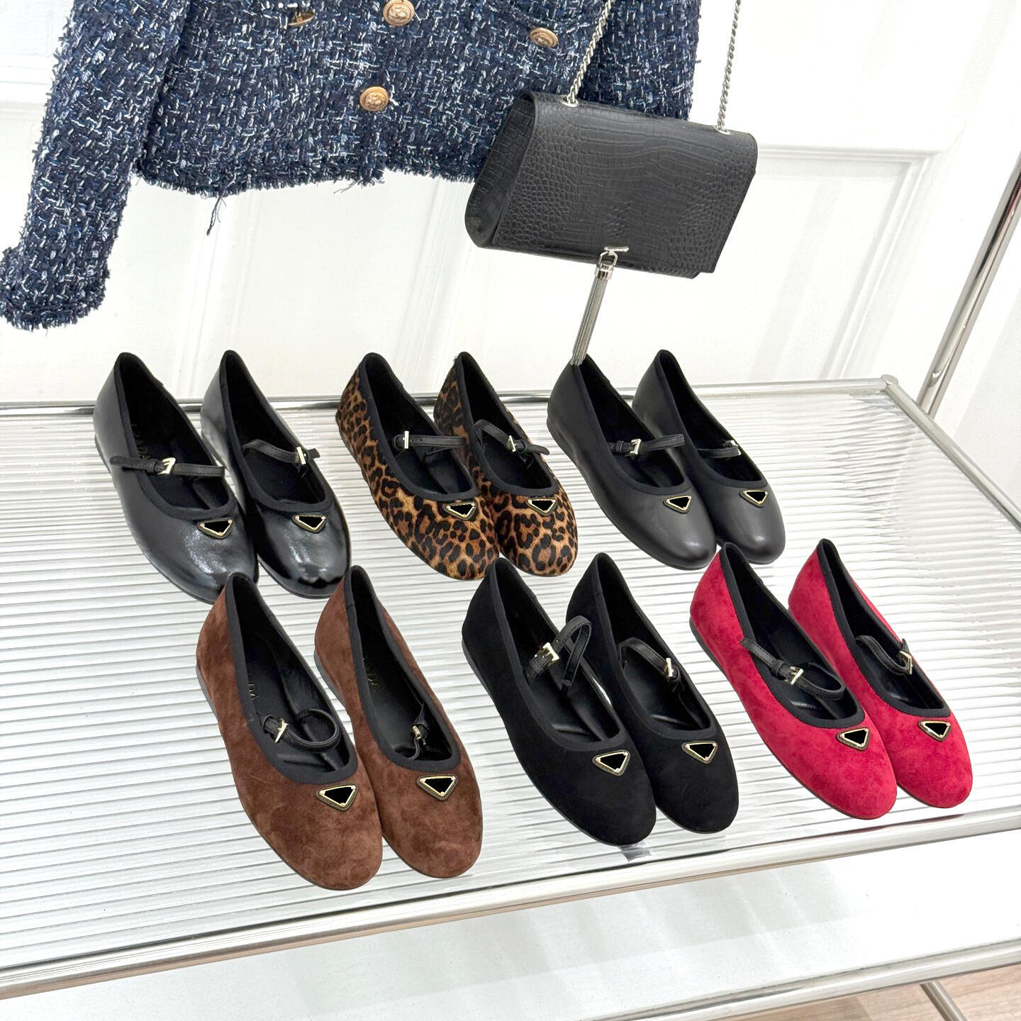 Women Mary Jane Flat Shoes Round Toe Buckle Strap Designer Ballet Flats Woven Tweed Leopard Furry Genuine Leather luxury Ladies Casual Dress Shoes D