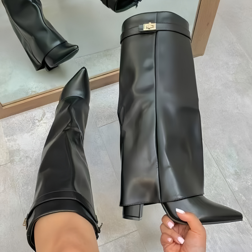 Designer ankle boots Women luxury black leather flap kneehigh boots with gold buckle round toe medium heel elegant ankle boots