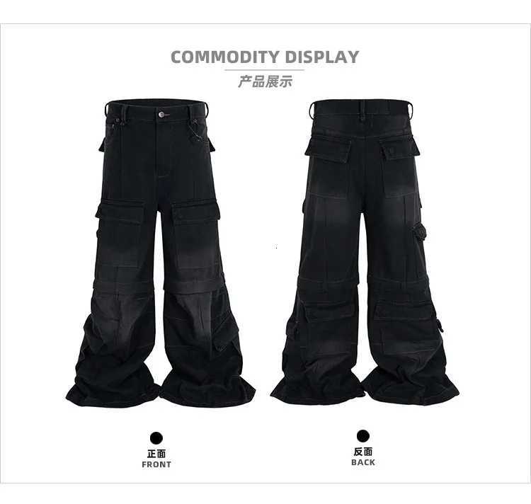 Men's MIJKO Baggy Jeans Vintage Washed Detachable Flared Cargos Mens Straight Casual Overalls Oversized Boot Cut BlaCK Pants D260927 d0