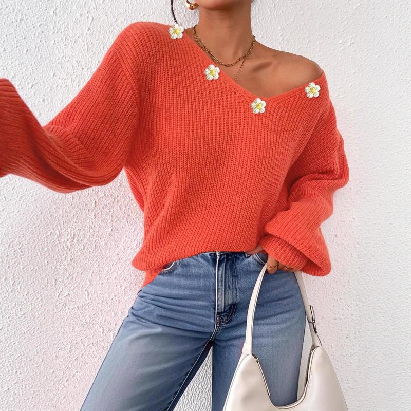 Pull en tricot côtelé surdimensionné pour femme, col en V profond, manches longues, détails de broderie florale, coupe décontractée, épaules dénu