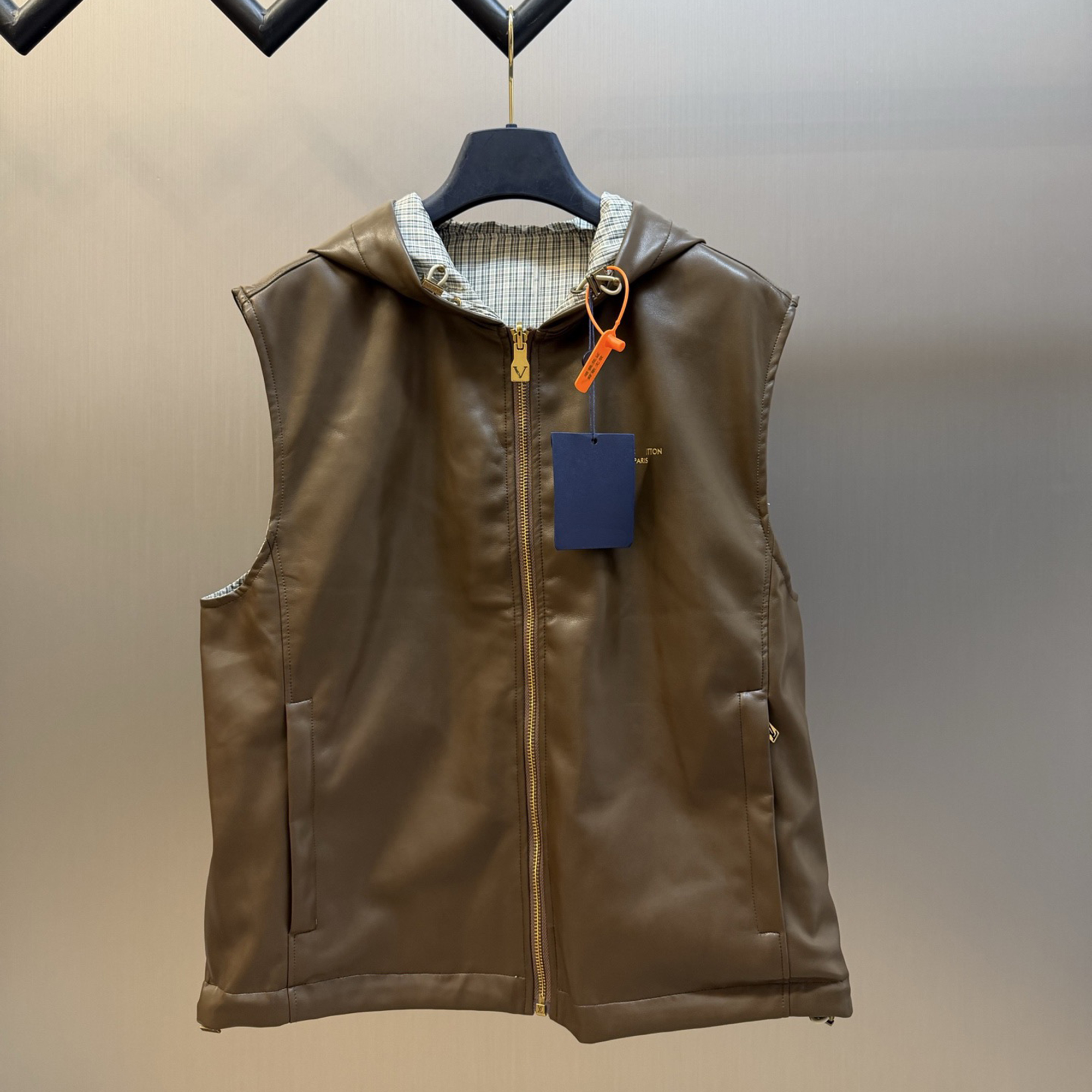 Mens vests Plaid double-sided leather vest designer jacket Men Stand Collar Zipper Winter Slim warmer coat waistcoat fashion trend Mens Femme Veste