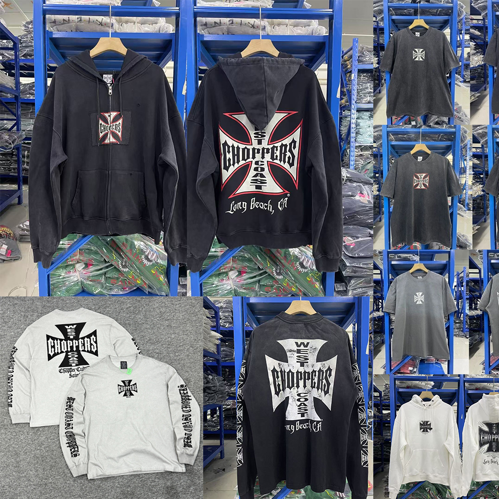 West Coast Choppers Vintage Locomotive Pattern West Coast Designer Hoodie Washed Black washed and distressed Men shirts Sweatshirt tops Zip Up Y2K J