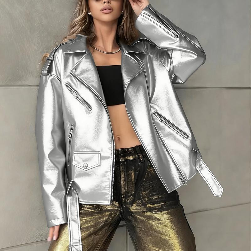 Manteau de moto en similicuir à manches longues pour femmes, silhouette surdimensionnée, col à revers, fermeture éclair diagonale, ceinture et dé