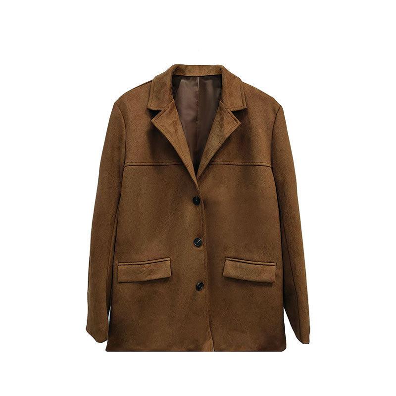 Ladies Mid Length Relaxed Blazer Notched Lapel Long Sleeve Faux Suede Fabric Front Button Closure Side Patch Pockets Outercoat