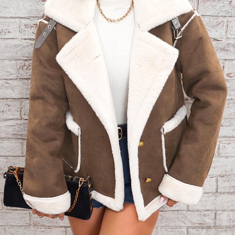 Ladies Aviator Style Shearling Trim Outer Jacket Notched Lapel Long Sleeve Contrast Fluffy Lining Side Pockets Fashion Warm Coat