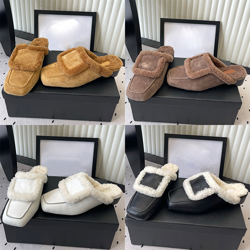 Zapatillas de gamuza para mujer a la moda, botines con borde de felpa refinado, zapatillas sin tacón con cabeza cuadrada, se pueden usar zapatillas