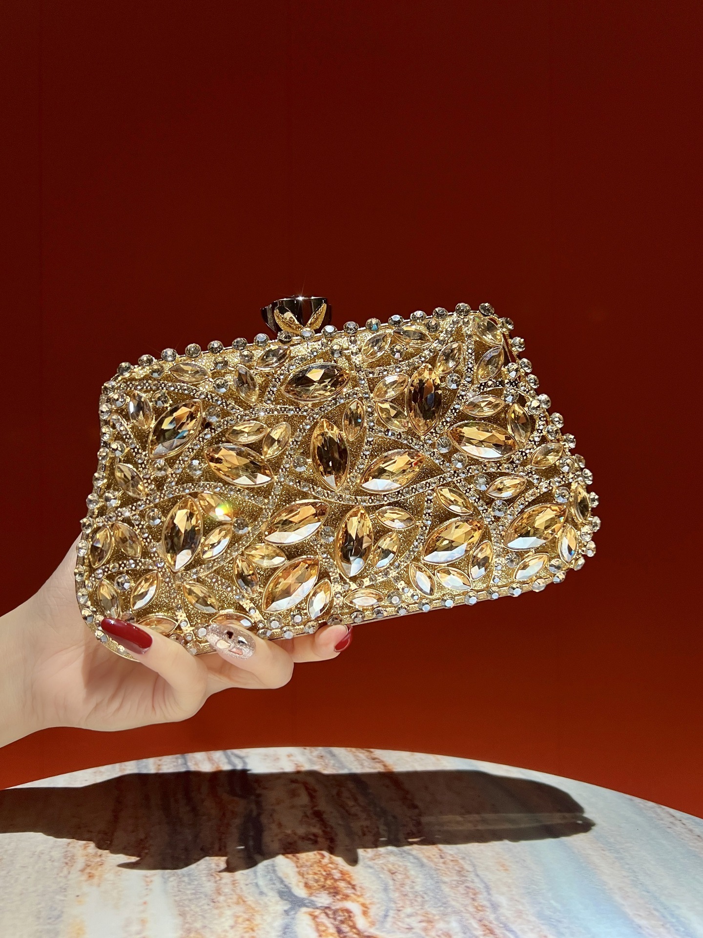 Evening Clutch for Women Rhinestone Crystal Marquise Hard Case Gold Frame Party Purse Luxury Wedding Handbag Sparkly Bling Fashion