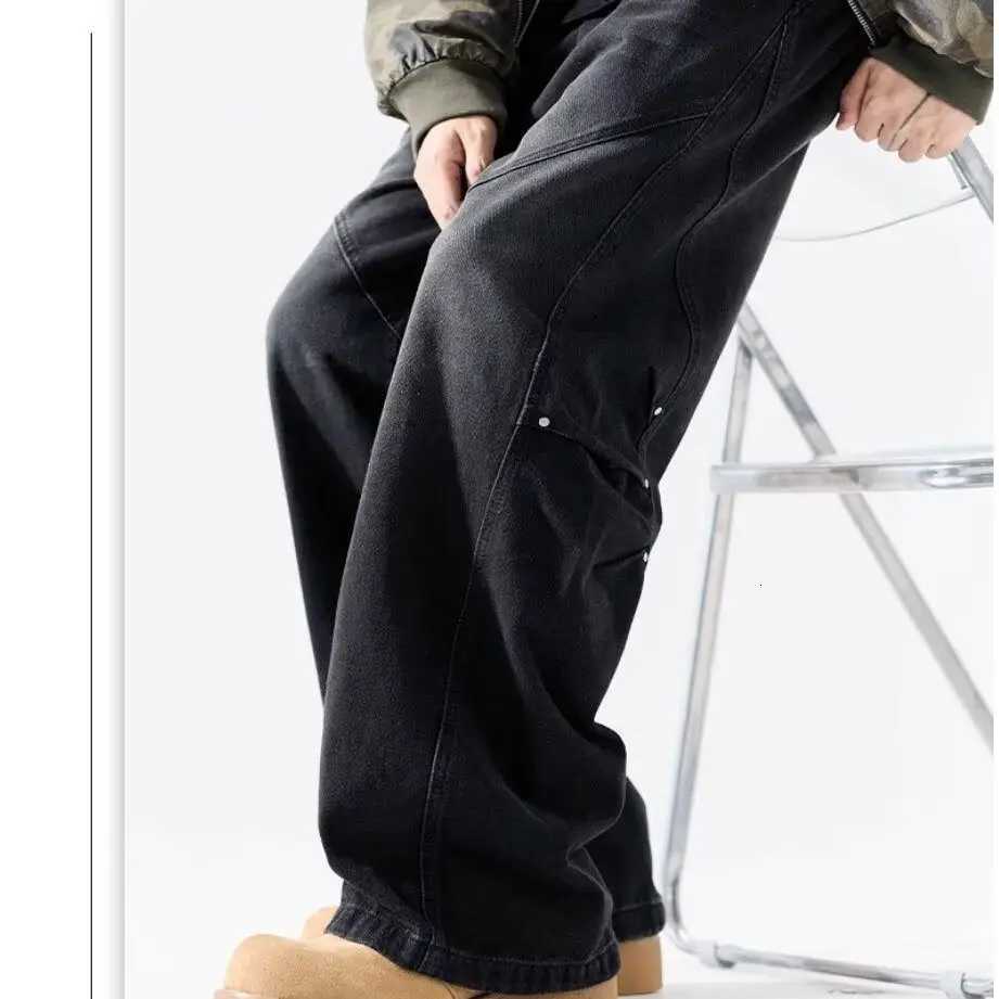 Men's RETRO Washed Patchwork Jeans Autumn Street Style Cow Trousers High Waisted Wide Leg Male Denim Pants D260927 82