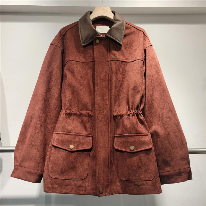 Veste Cargo en daim pour femmes, manches longues, col en cuir contrasté, fermeture à boutons sur le devant, cordon de serrage à la taille et poch
