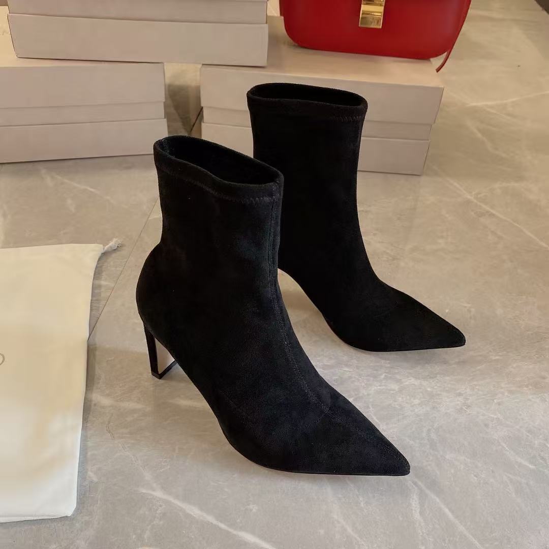 Elegant Women's Pointed-Toe Ankle Boots with Suede-Look Fabric & Comfortable Block Heels for Fall-Winter Occasions