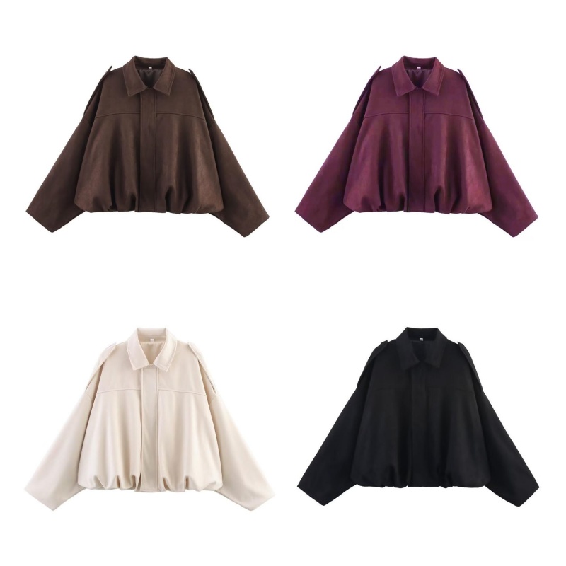 Ladies Retro Casual Faux Suede Outer Jacket Lapel Collar Shoulder Epaulets Long Sleeve Hem Gathered Oversized Casual Coat