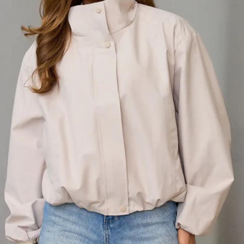 Ladies Functional Short Outer Jacket High Stand Neck Long Sleeve Snap And Zipper Closure Relaxed Fit Streetwear Windproof Coat