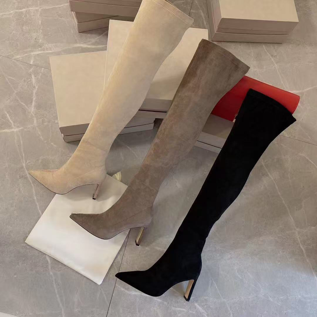 Elastic Suede Women's Over-the-Knee Boot with Pointed Toe - Block High Heels & Slim-Fit Design for Winter