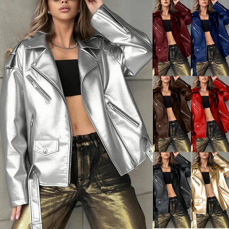 Veste de motard en simili cuir à revers pour femme, manches longues, épaules tombantes, ouvertures à fermeture éclair multiples, poche plaquée et