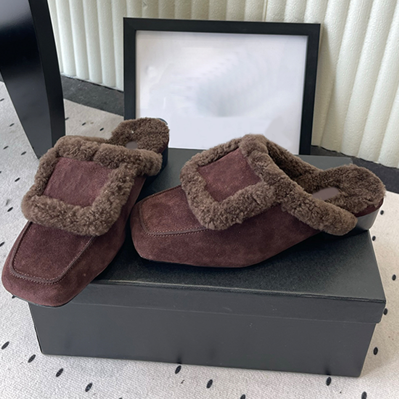 Designer Luxury Shoe Backless Mule Slipper Women Faux Fur Loafer Slip On Winter Cozy Closed Toe Flat Slide Plush Indoor Outdoor Warm Buckle House Sh