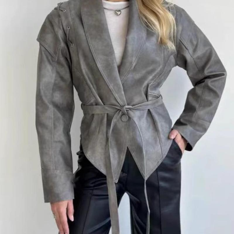 Ladies Vintage Leather Look Belted Jacket Shawl Collar Long Sleeve Shoulder Lace Up Detail Tailored Slim Silhouette Casual Outercoat