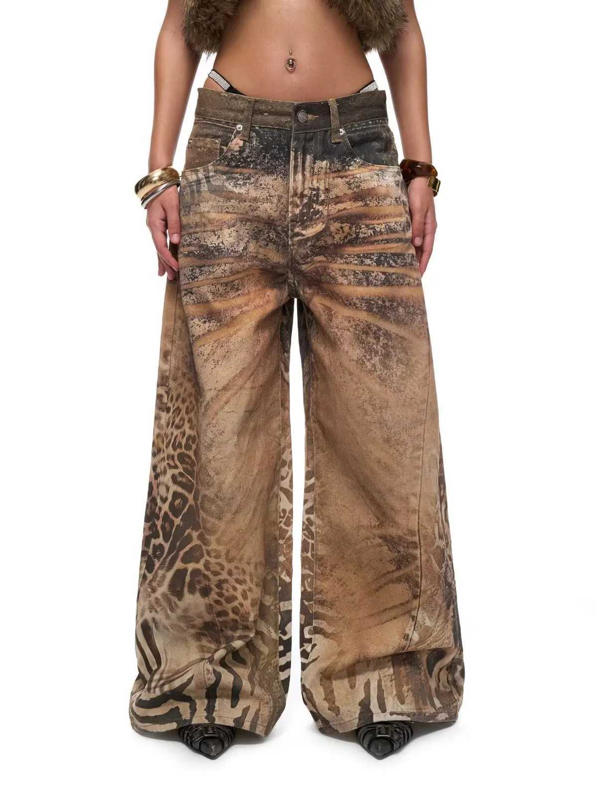 2026 American Retro Y2K Style 3D Leopard Printed Baggy Women's Jeans Pants For Woman Clothing Wide Leg Loose Fit Long Trousers Z260924