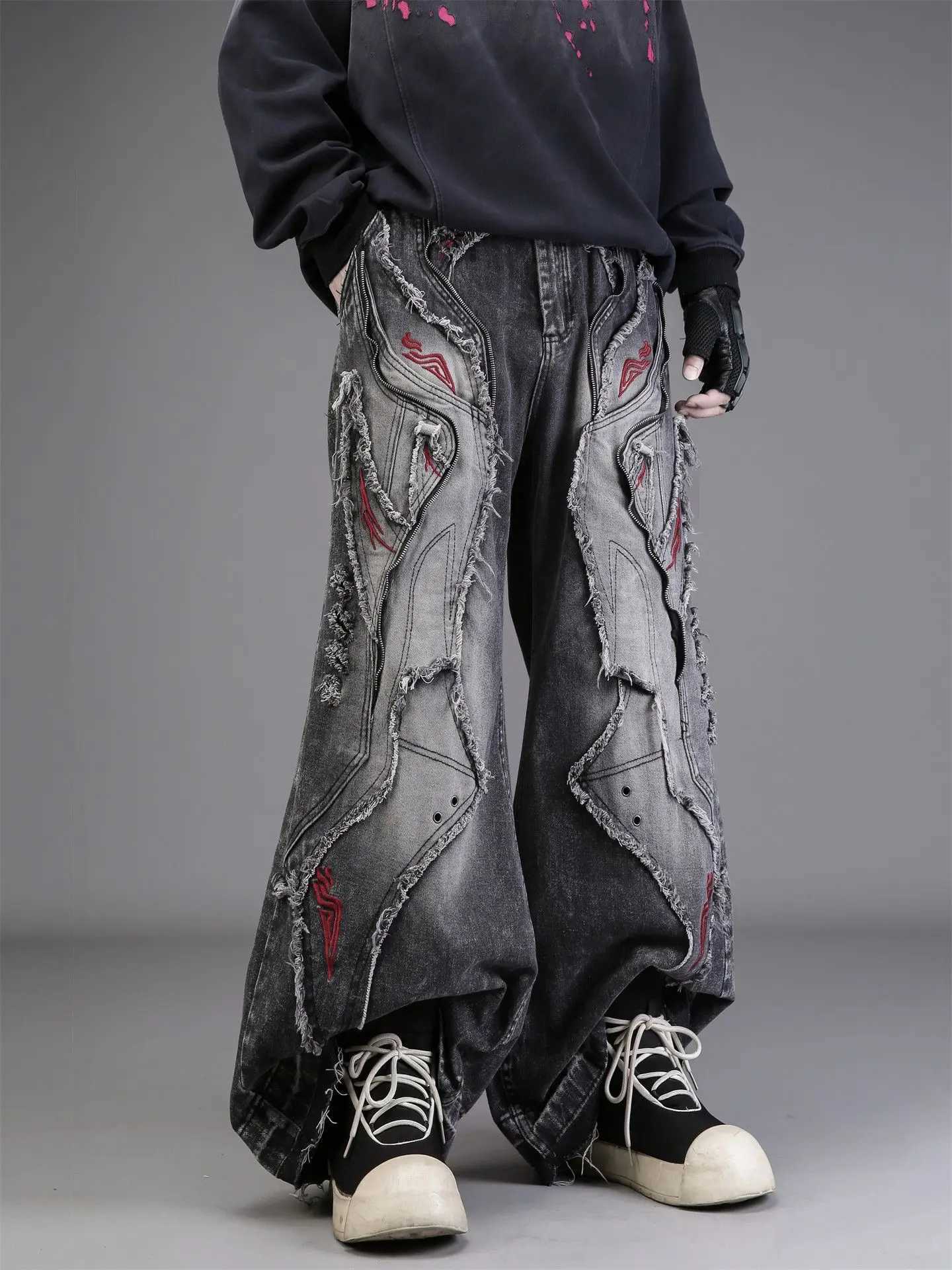 Men's Punk Patchwork Design Baggy Jeans Y2k Street Sweatpants Casual Wide Leg Pants Male High Waist Denim Trousers D260927 ea