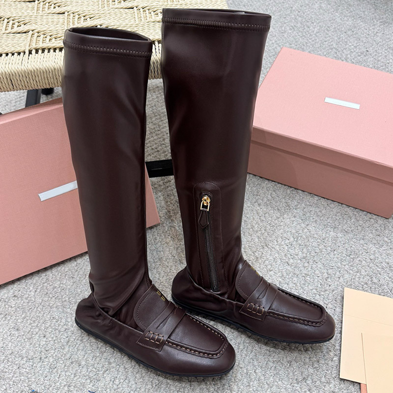 Luxury Stretch Calf Leather Zipper Knee Boots Womens Vintage Brown 26ss Fashion Show New Daily Party Punk Style Fashion Boots With Box