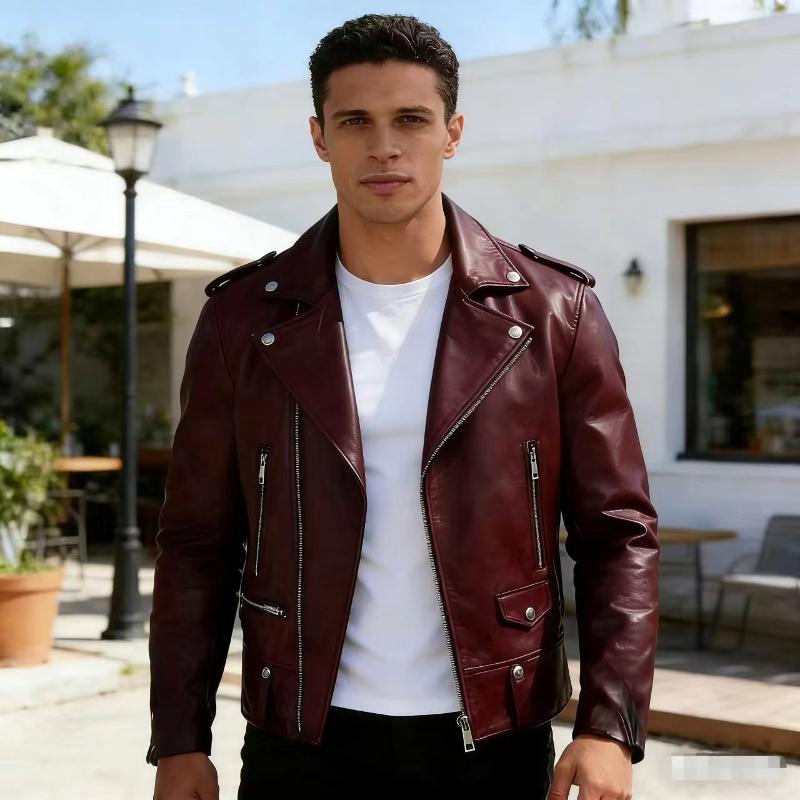 Veste de motard en simili cuir pour hommes, coupe cintrée, manches longues, large cran, revers sur la poitrine, poches verticales à fermeture écl