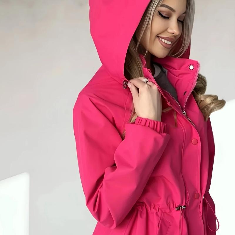 Women Loose Hooded Outdoor Jacket Long Sleeve Elastic Cuffs Waist Drawstring For Silhouette Adjustment Front Multi Fastener Side Pockets Coat