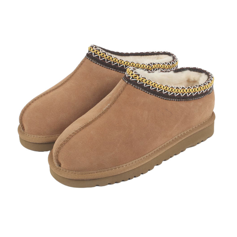 Classic Women Suede Shearling designer Ankle Bootie Slippers Fleece Lined Ethnic Embroidered Collar Trim Slipper Booties Slip On Warm Winter Short B