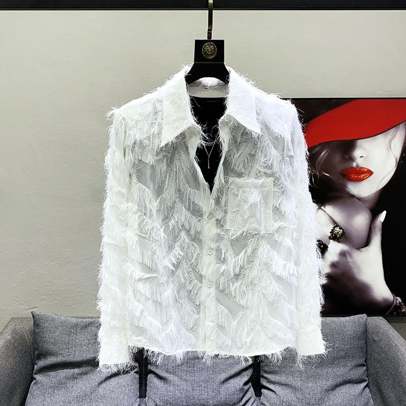 Men Turn Down Collar Long Sleeve Shirt Solid Black Three Dimensional Feather Fringe Fabric Single Breasted Button Front Design