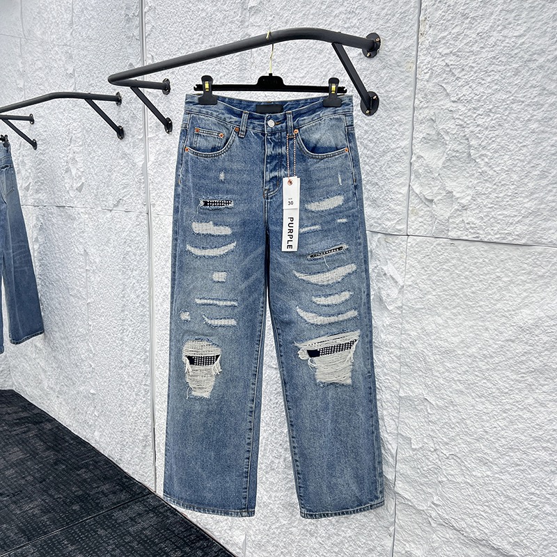 Purple Men's Jeans Designer Cotton Zipper Jeans New Trendy Mens Ripped And Patched Casual Jeans Embroidered Letter Fashion Slim-fit Distressed