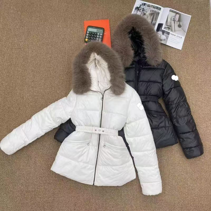 Short Puffer Jackets Womens Downs Parkas Jacket Hoodie Fur Wind Coat Puffy Thick Warm Coats Long Sleeves Belt Embroidery Brand Coats Slim Outwears T