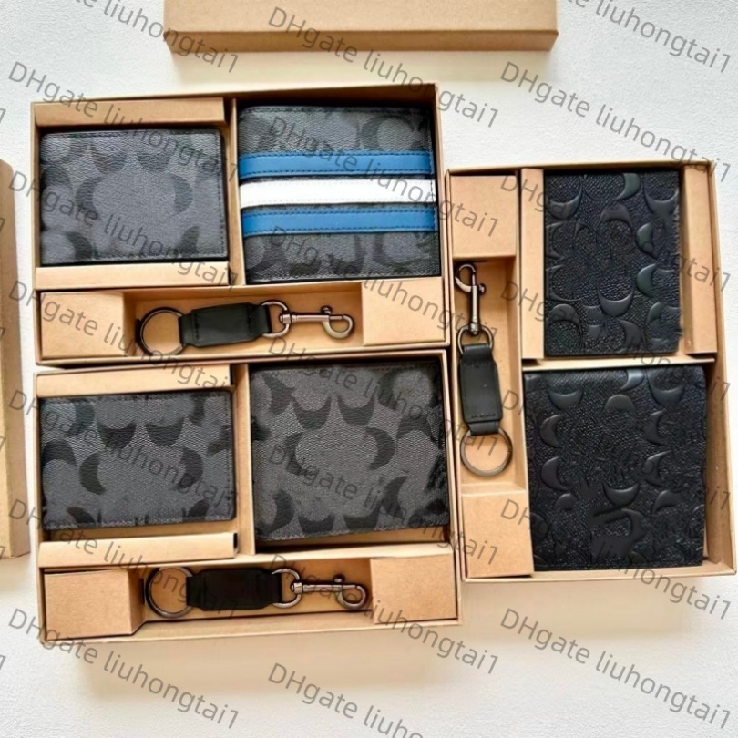 wallet designer man luxury Men Wallets 3Pcs Gift Kit Classic Pattern Leather Billfold Cardholder Keychain Present Box for Men Gift card holder purse
