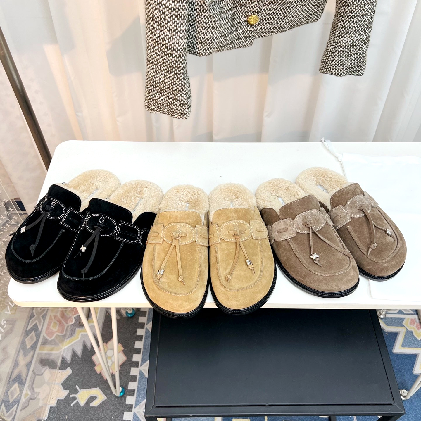 luxury Designer Casual shoe slide the row Black Brown Suede Fashion Tassel Mules Women Winter Warm shoes Fur Lining indoor Home Flats slippers Leath