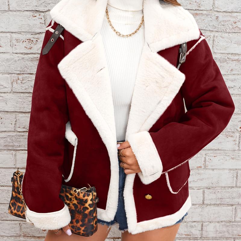 Vêtements d'extérieur de motard doublés Sherpa pour femmes, col à revers, manches longues, bandoulière, boucle décorative, garniture contrastée s