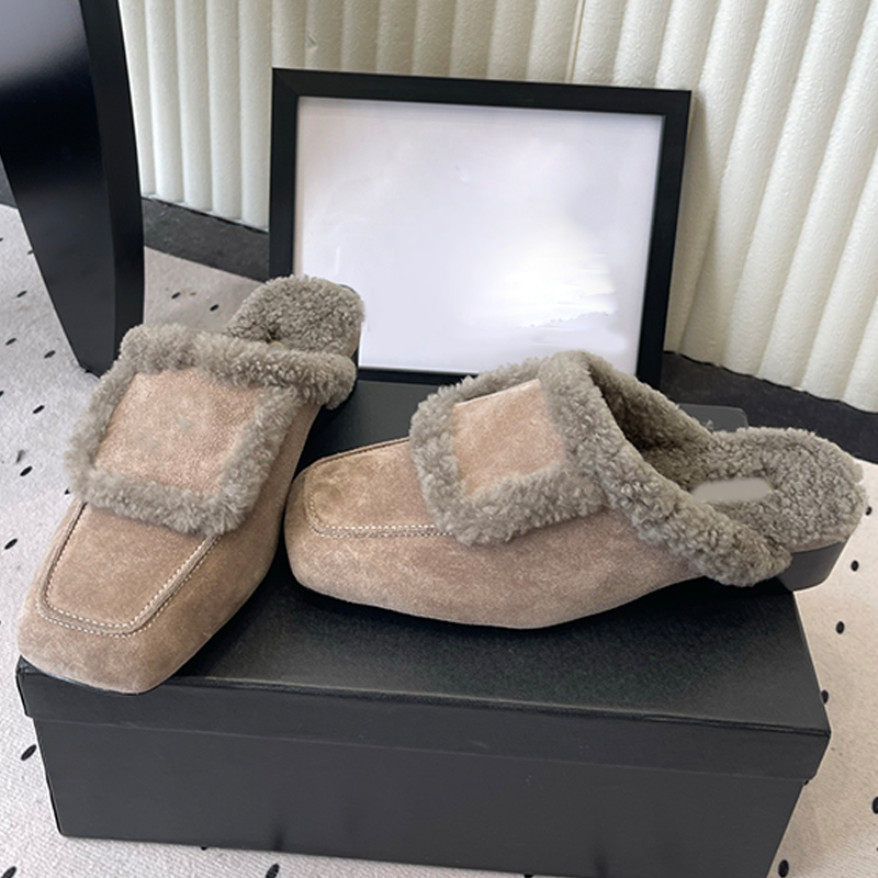 Designer Luxury Shoe Cozy Mule Loafer Women Winter Slipper Faux Fur Trim Square Toe Slip On Flat Casual Outdoor Indoor Plush Warm Buckle Backless Cl