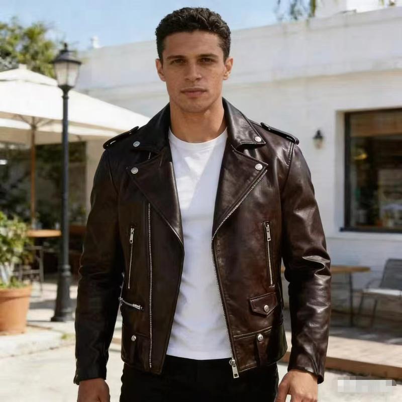 Veste extérieure de motard en cuir à manches longues pour hommes, classique, conception de revers de Moto, fermeture éclair diagonale, détails de