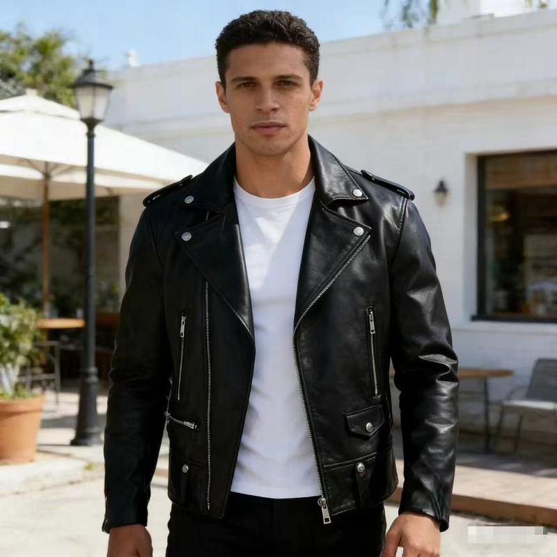 Men Solid Color Faux Leather Moto Jacket Long Sleeve Notched Lapel Collar Shoulder Epaulets Multi Zipper Opening Design